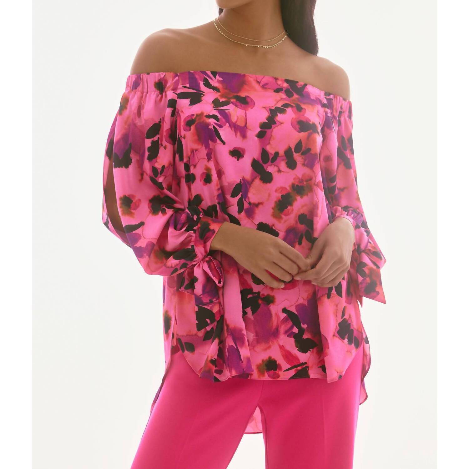 New Joseph Ribkoff Senna Satin Floral Print Off Shoulder Top In Pink, Purple, Bl